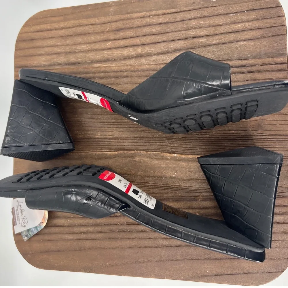 London Rag Black Croc Embossed Square Toe Triangular Block Heel Slide Sandals 10